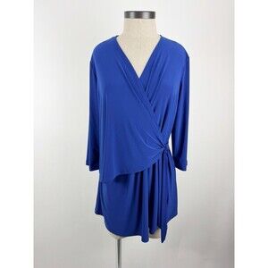 Clara Sun Woo Tunic Top Women's Blue V-Neck 3/4 Sleeve Wrap Blouse USA